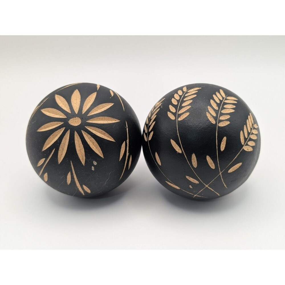 Vintage Hand Carved Brown Wooden Spheres Set of 2 Etched Flower Wheat Orbs Decor